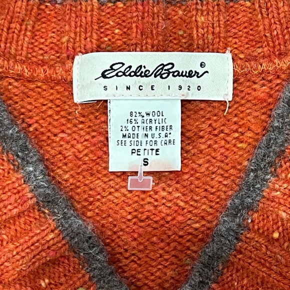 Vintage Eddie Bauer 90s Grunge Nirvana Fair Isle Burnt Orange Wool Petite Small - Picture 6 of 9